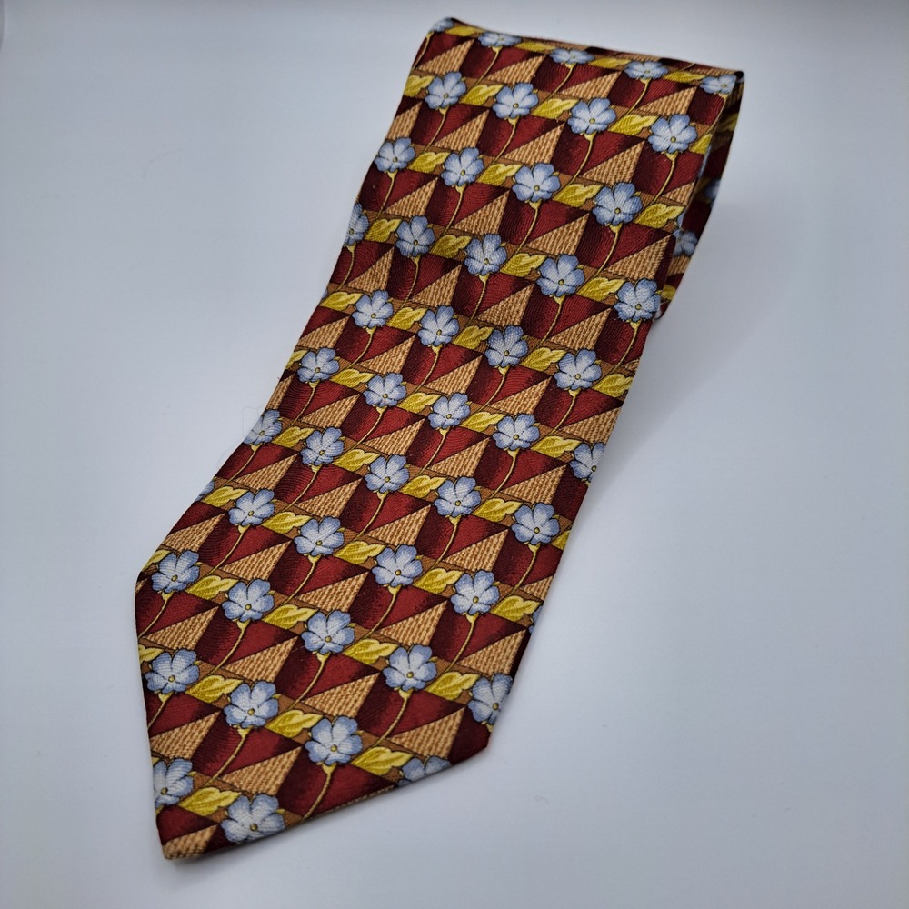 Ermenegildo Zegna Silk Tie Men OS Burgundy Gold Blue Floral Geometric Italy